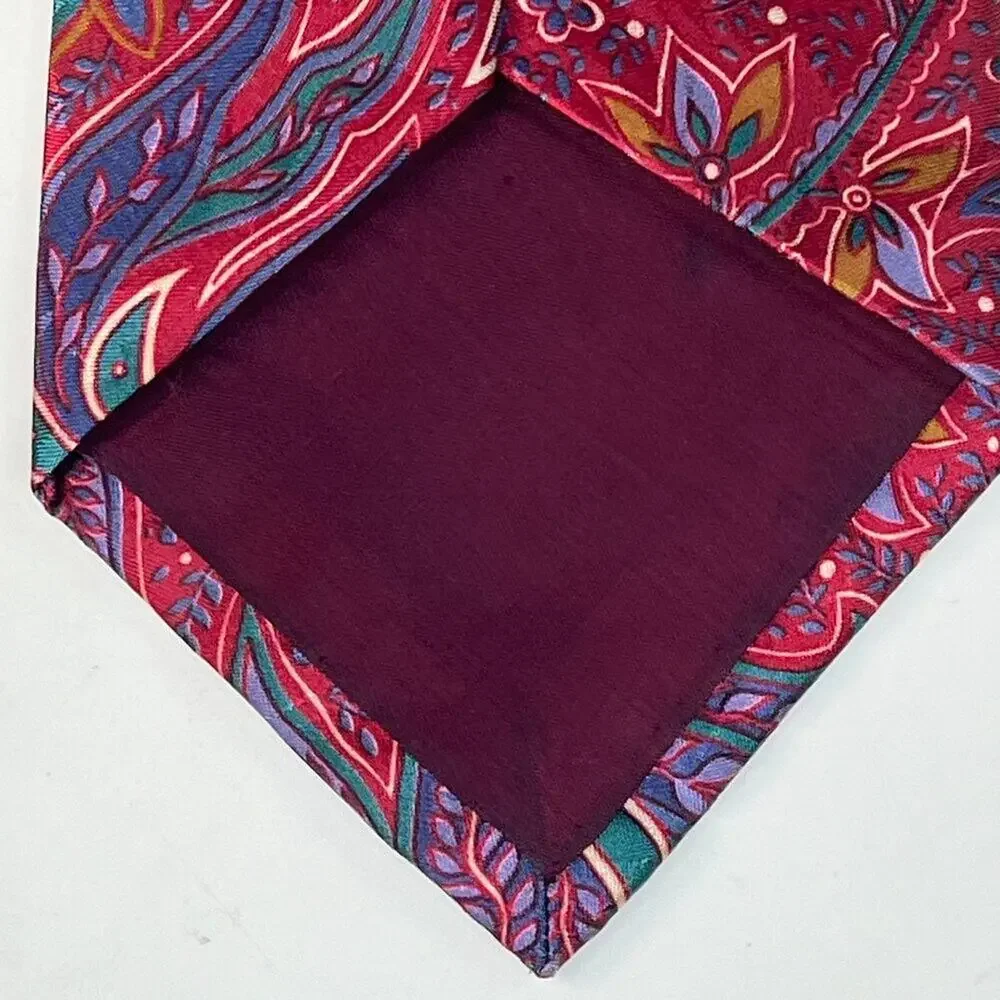 Oleg Cassini Vintage Paisley Print Mens Neck Tie Red Purple Green Silk Made USA